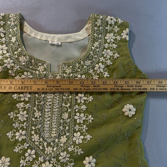 Vintage Indian Olive Green Sleeveless Kurti Tunic Dress Floral Beaded Embroidery - Picture 5 of 8